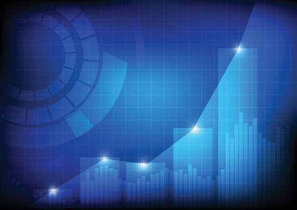Abstract vector featuring a blue bar graph and line chart with a grid pattern in the background.