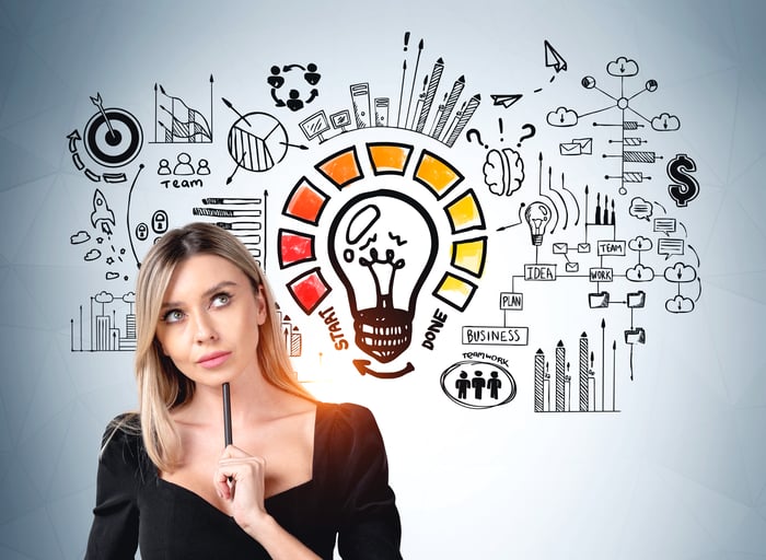 A person looking up and thinking with a lightbulb graphic in the background. 