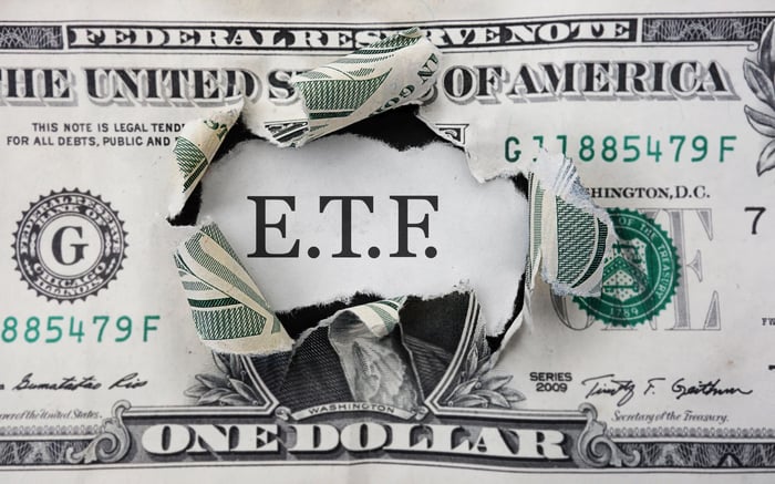 Hole in a dollar bill, with ETF written behind it.