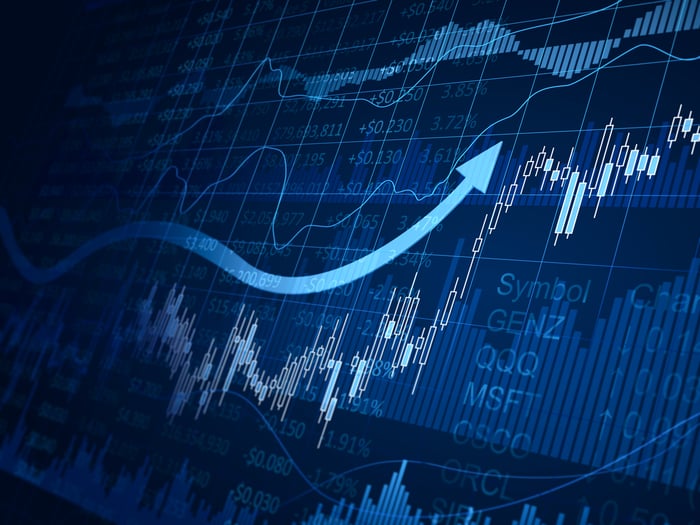 A stock chart with an upward arrow.