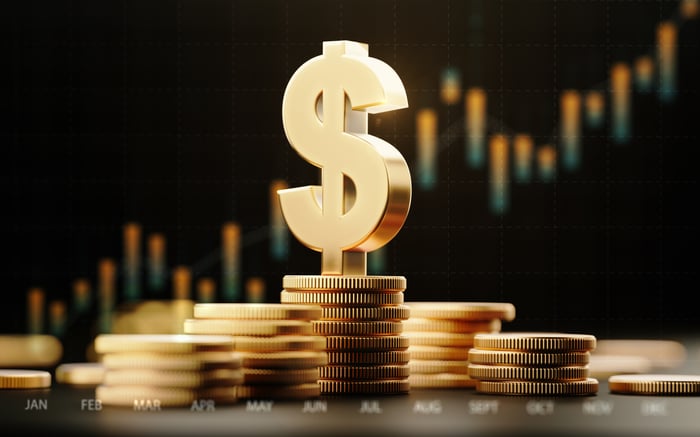 A golden dollar symbol sits atop stacked coins, with an upward-trending price chart in the background.