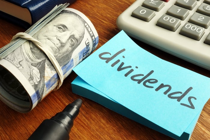 The word Dividends is written on a blue paper note, lying between a calculator and a large roll of hundred-dollar bills.