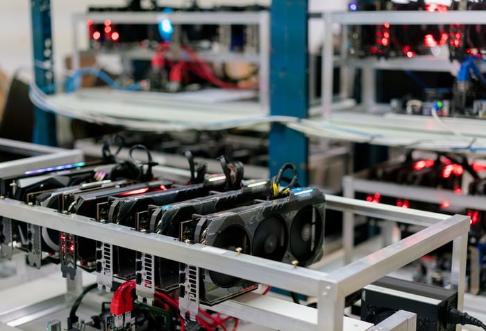 AI graphics processing units (GPUs) on a rack.