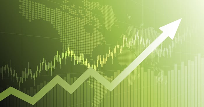 A chart showing a stock price rising.