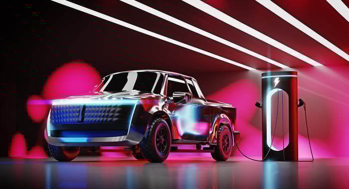 An electric truck concept car is charging.