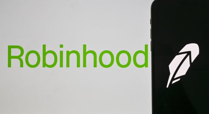 The Robinhood logo on a smartphone.