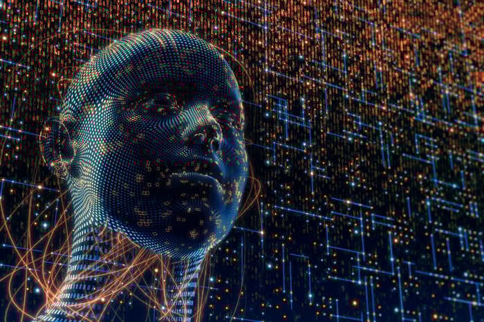 A digital head amid a cluster of data.