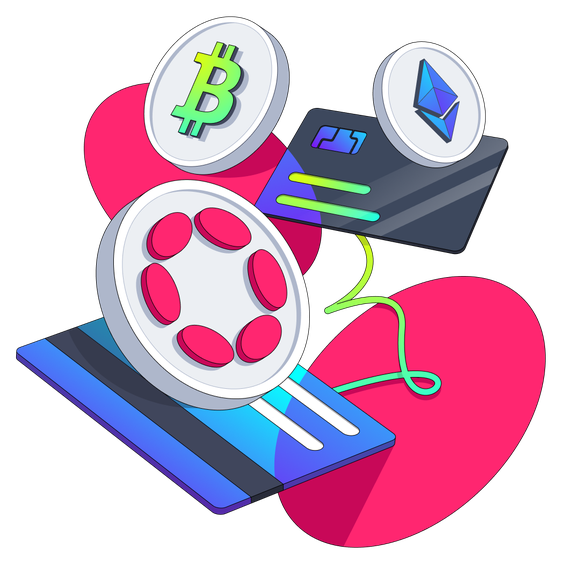 Icons with Polkadot, Bitcoin, and Ethereum logos hovering around credit cards.