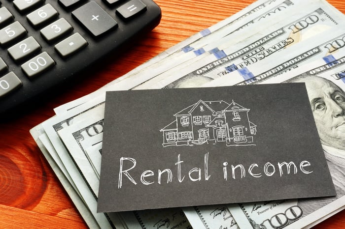 A card with the words rental income on it sitting on top of cash next to a calculator.