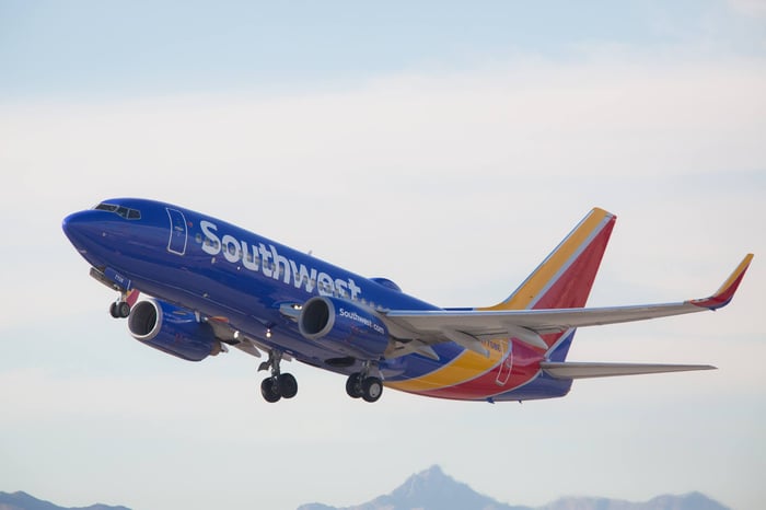 Southwest Airlines airplane in flight.