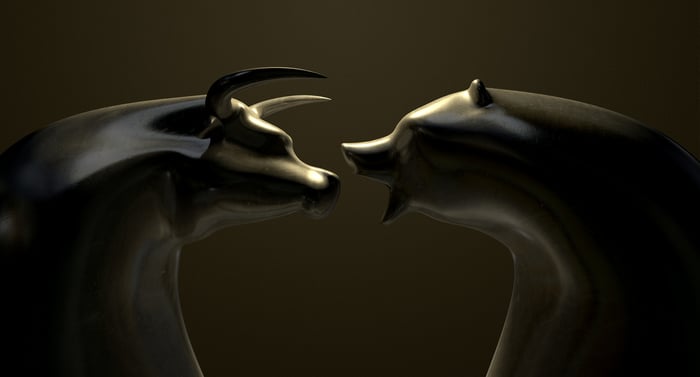 A black bull squares off with a black bear.