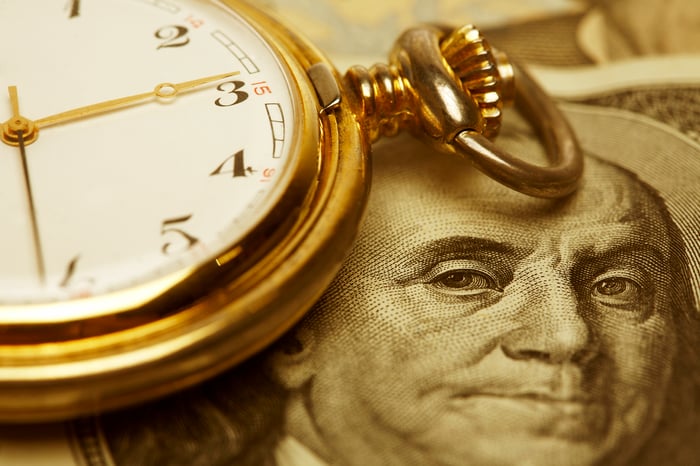 A golden pocket watch on top of a hundred-dollar bill.