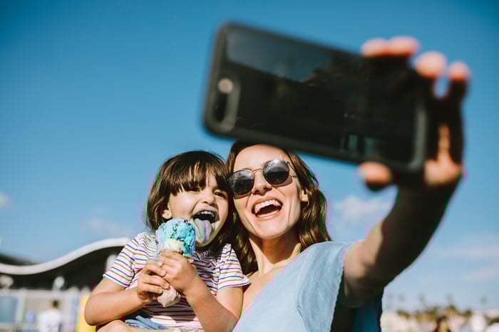 Person taking selfie with a child.