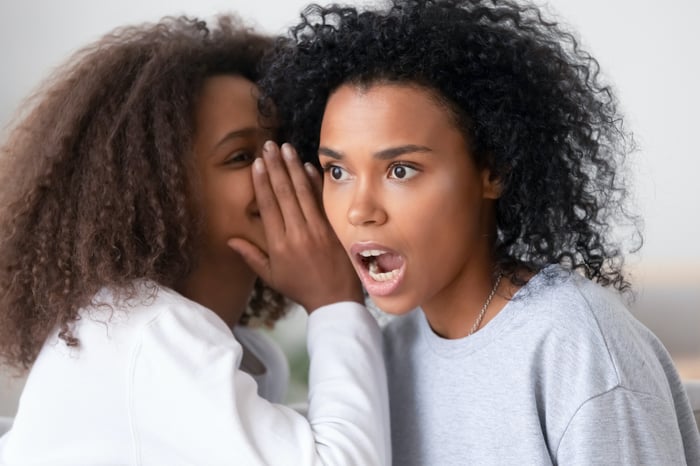A person whispering into the ear of another person, who looks surprised.