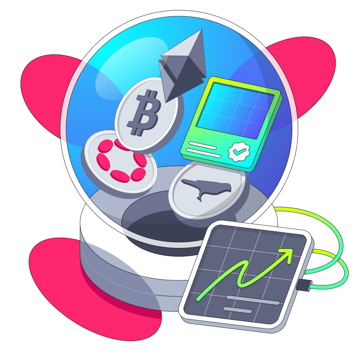 Icons depicting various digital assets in a Polkadot bubble.