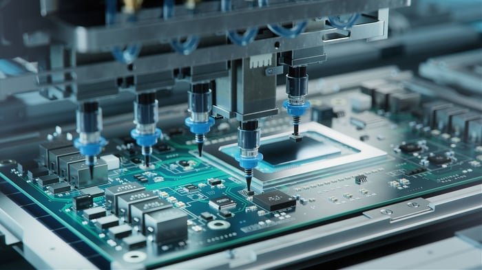 A computer chip being manufactured in a semiconductor foundry.