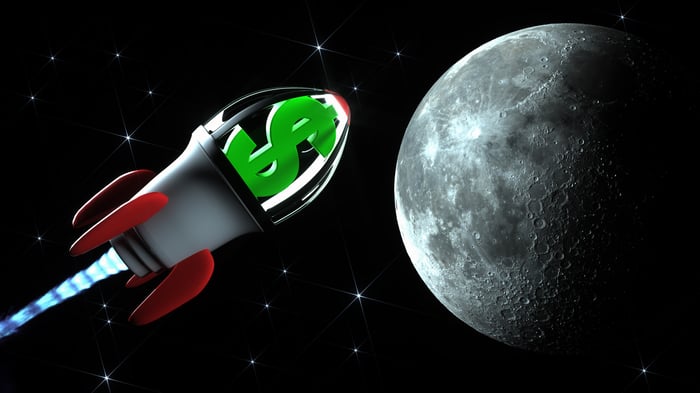 A rocket with a dollar sign payload launches to the moon.