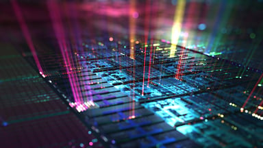 Abstract design featuring light beams emitting from electronic components.
