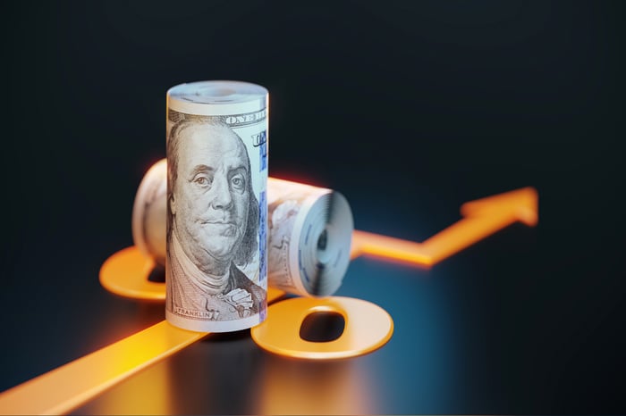 A percentage sign and arrow moving up over rolls of hundred-dollar bills.