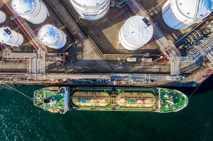 LNG export terminal and ship viewed from above. 