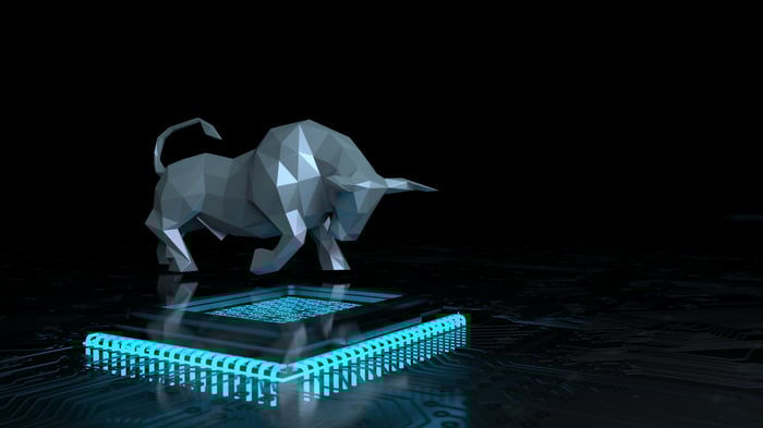 A digital bull stands on a processor.