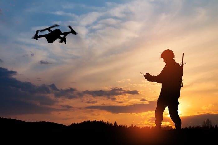 Person flying a drone at dusk or twilight.