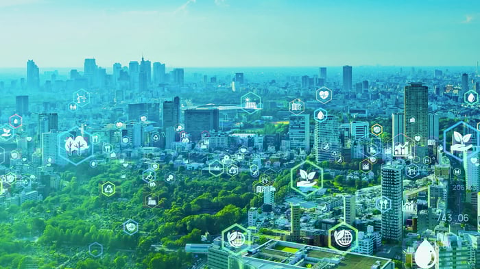A cityscape in the background with logos overlaid to represent green energy.