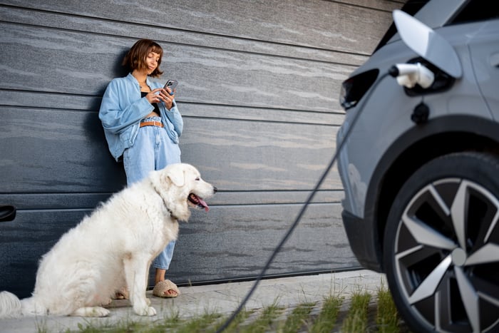 A person and a dog stand near a charging electric vehicle.