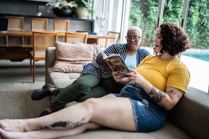 Two people on a couch, reading a book.
