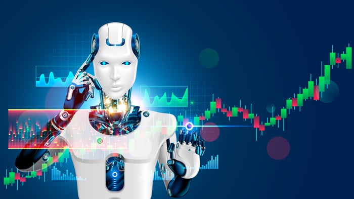 An AI-powered robot stands before an upward-sloping digital bar chart as it calculates stock movements.