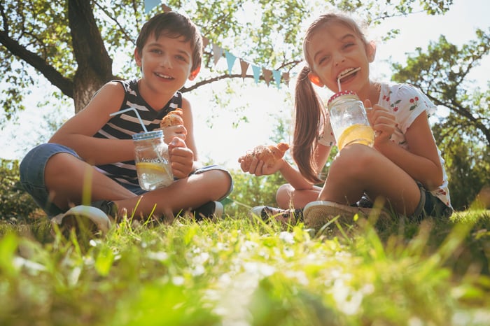 2 children drinking lemonade.