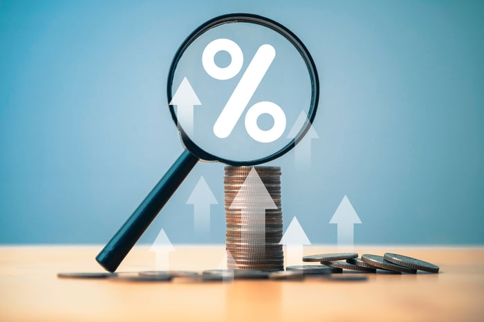 Stack of coins with a magnifying glass leaning on the top of it with a percent sign and upward trending arrows showing in the glass.