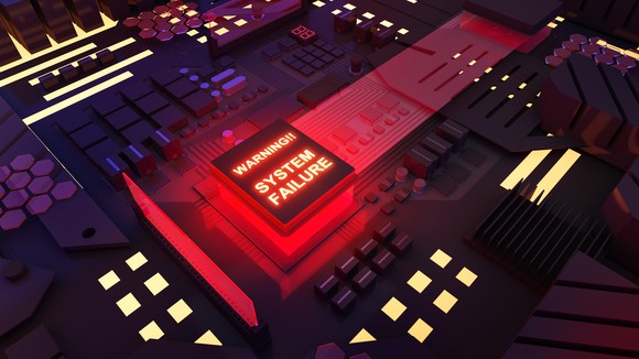 Stylized semiconductor computer chip flashes Warning system failure.