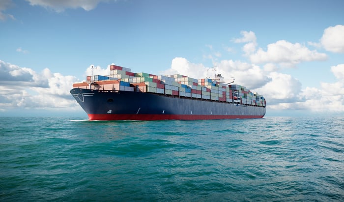 Cargo ship plying its trade on the open sea.