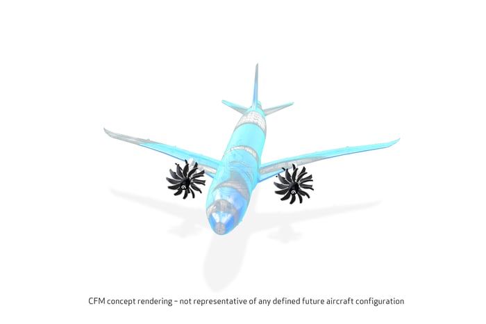 Rendering of a plane with an open fan engine.