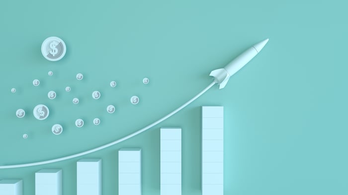 A bar chart with a trend line highlighting a growth trend.