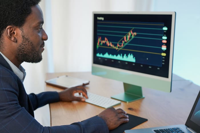 A businessperson is analyzing a rising stock market chart on a desktop computer.