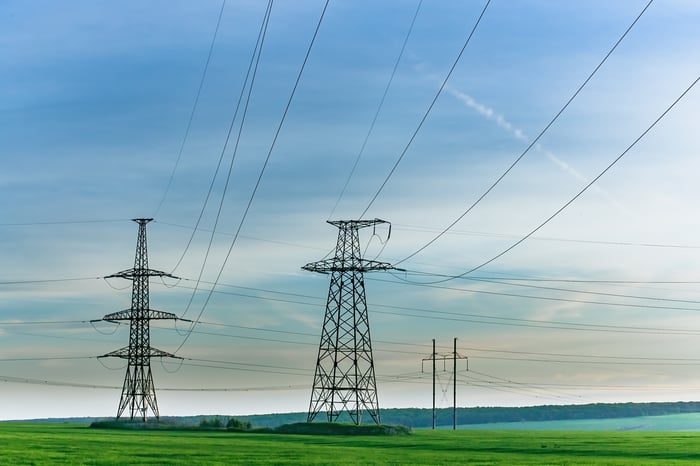 A landscape of electricity power lines. 