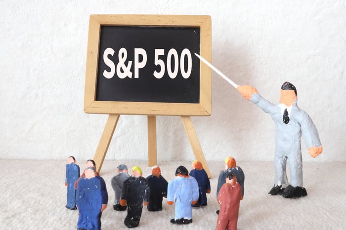 Figures made out of clay gather around a sign that reads “S&P 500,” with one figure in a suit using a pointer to gesture at the sign.