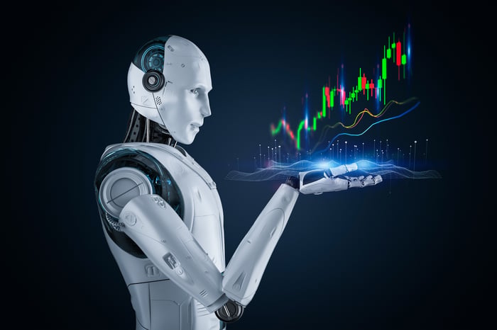 A robot holds a digital bar chart showing growth.