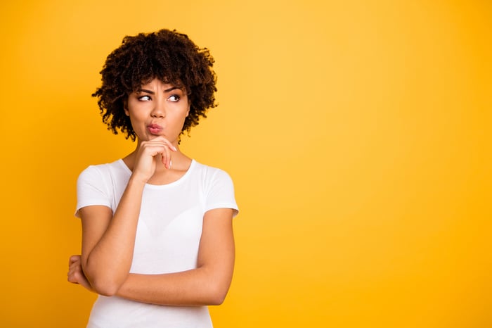 Person with hand on chin, looking thoughtful.