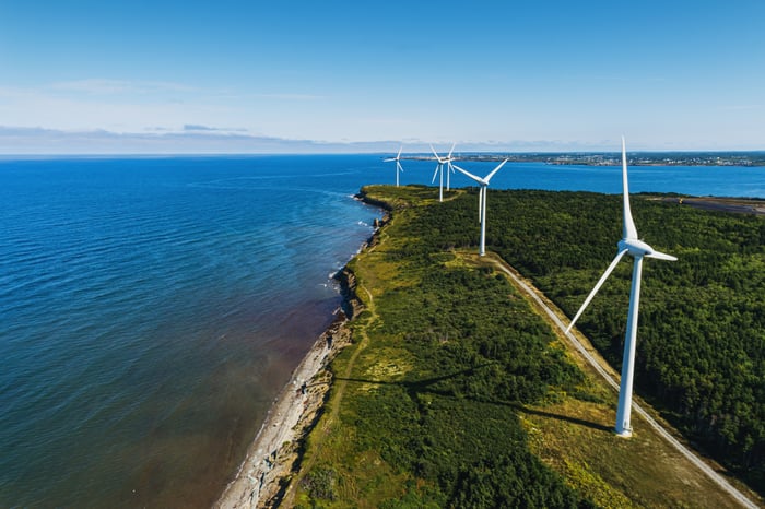 An image of wind turbines along a coast line.