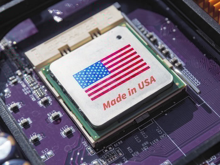 Semiconductor chip with "Made in USA" label.