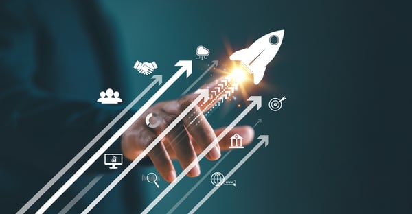 A person pointing to a  superimposed illustration of a rocket.