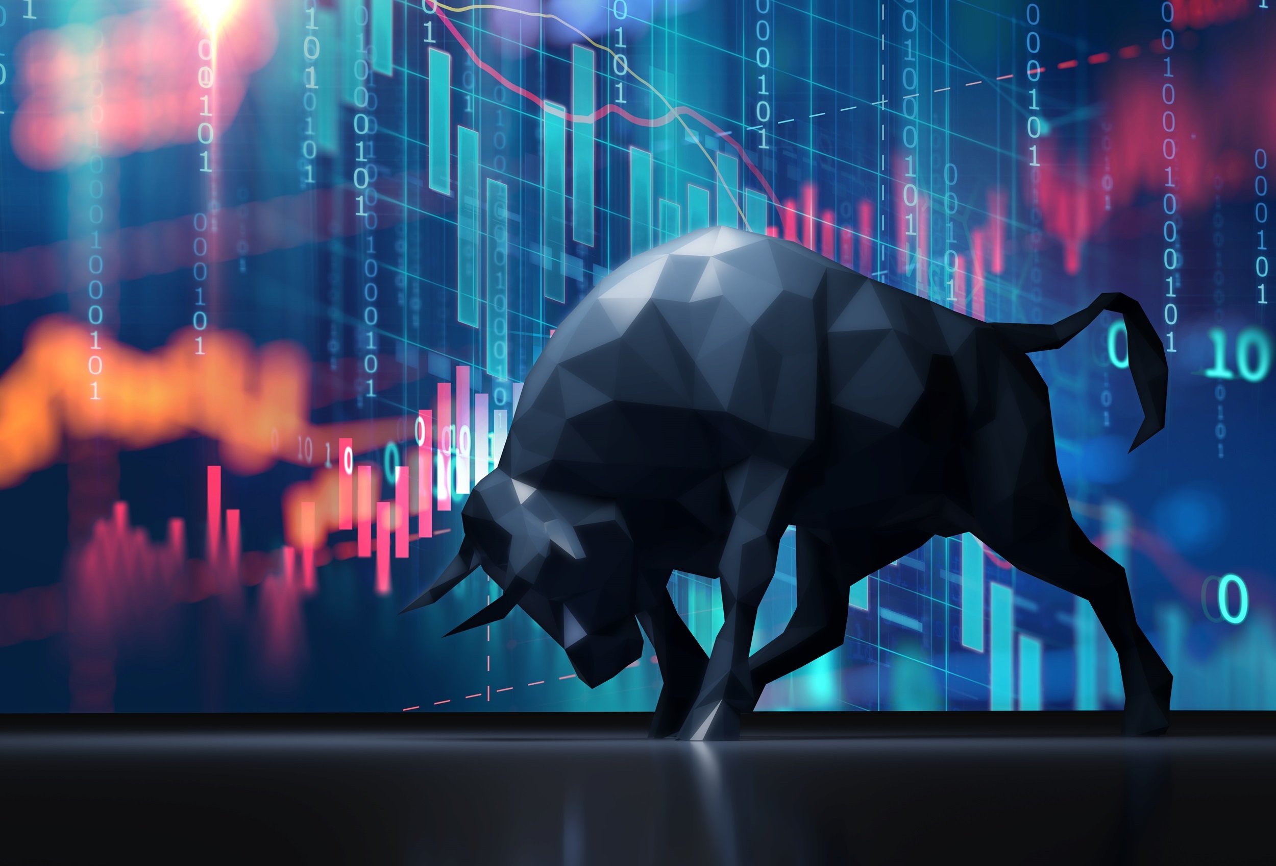 An abstract bull in front of technical analysis charts and graphs
