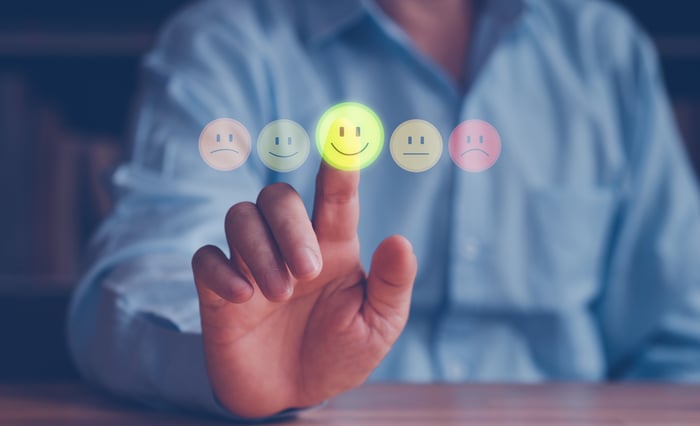 A person pointing to a smiley face.