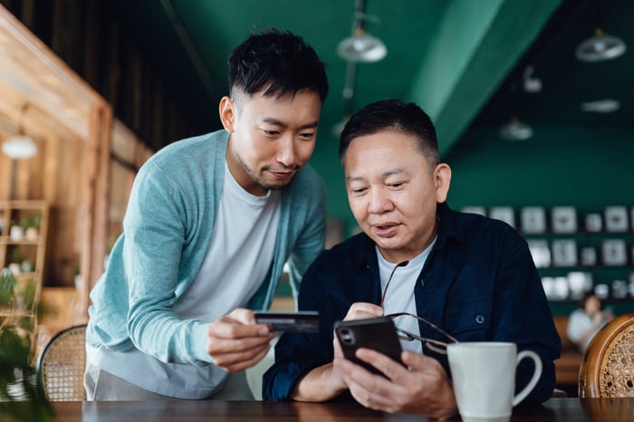 Two people with credit cards and a smartphone.