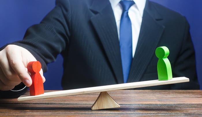 A person wearing a suit places two figures on a scale.
