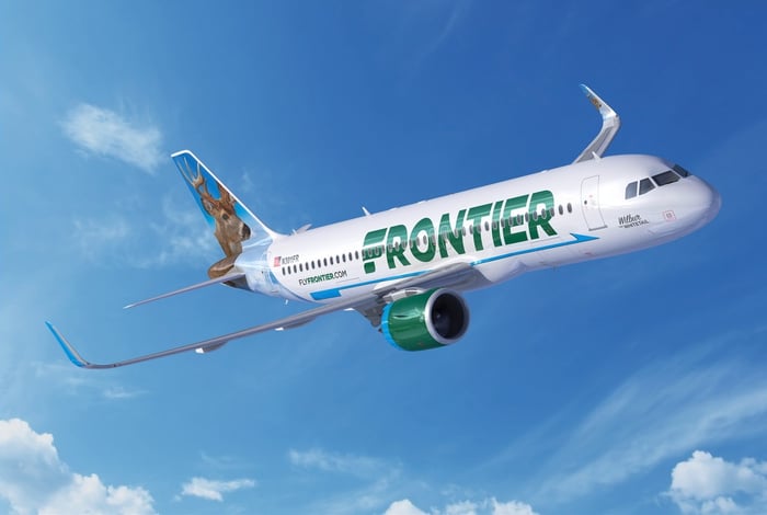 Rendering of a Frontier plane in flight. 
