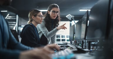 Two cybersecurity managers looking at a computer monitor and talking to each other
